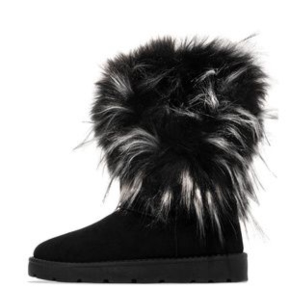 Asymmetrical Faux Fur Pull On Boots in Black - Picture 2 of 9